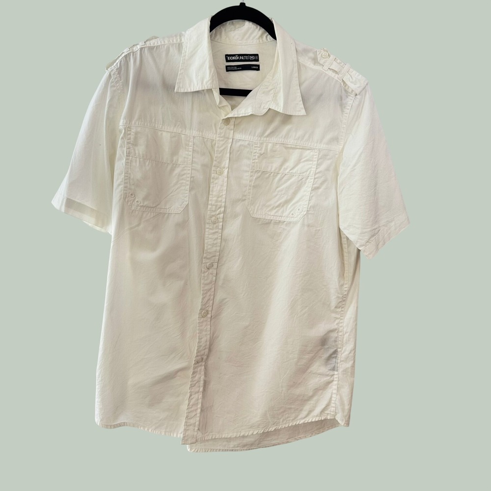 Ecko Unltd Mens White Short Sleeve Button Down Utility Shirt Cotton Large